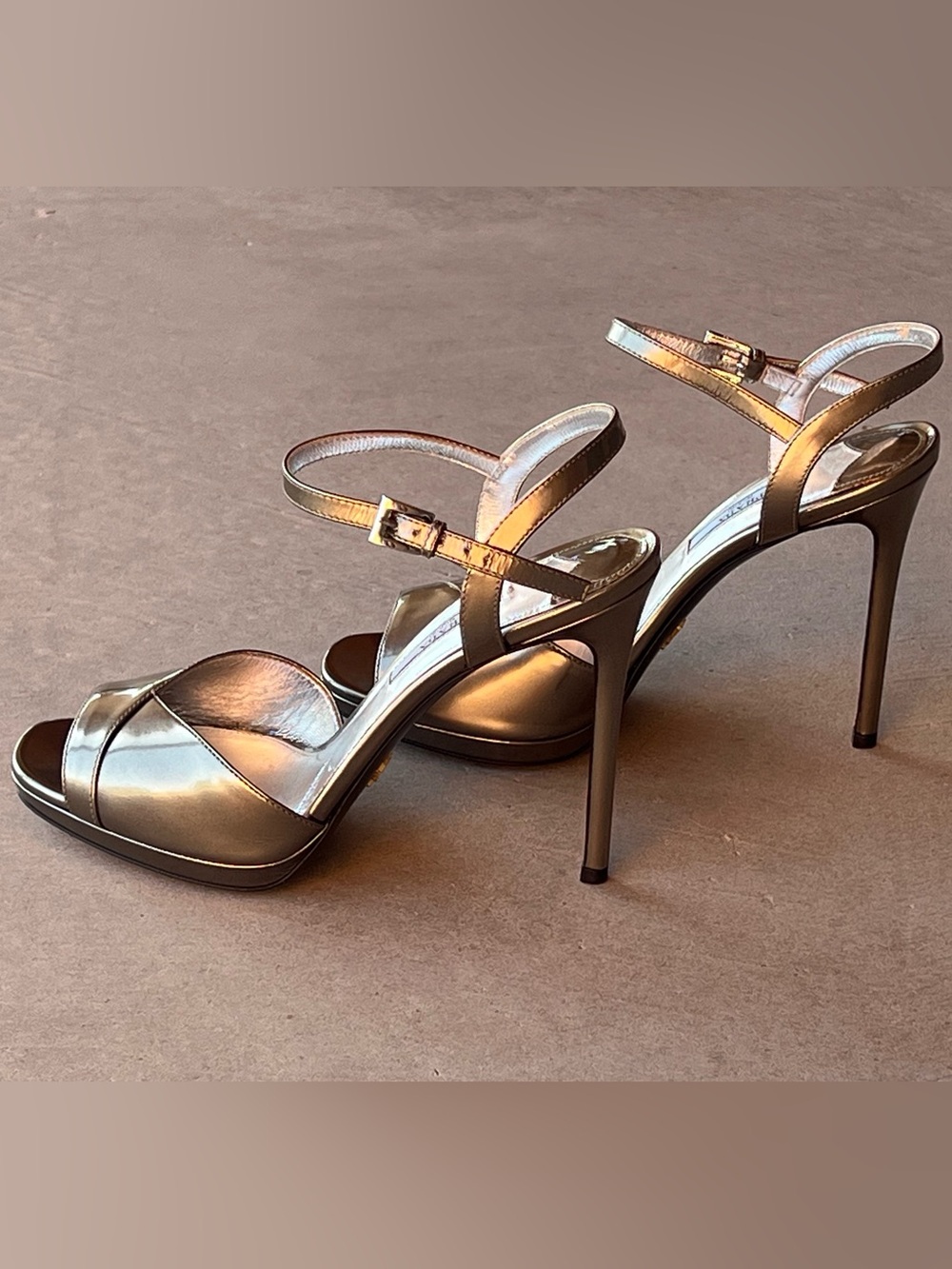 Prada Metallic Leather Platform Sandals Pewter Gold Stiletto Heels 38